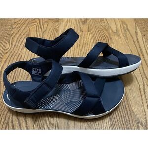 CLARKS Women's Sandals Navy Blue Cloud Steppers Arla Shore Flat Hook & Loop 10